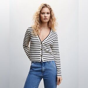 Mango striped nautical v neck cardigan in black and off-white, sz SMALL